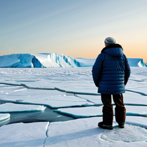 A serene, professional depiction of the Canadian Arctic. The foreground features a fully clothed indigenous elder, wearing modest, traditional winter attire, observing a vast, melting glacial landscape at sunset. Ice floes are breaking apart in the distance, and the subtle outline of a polar bear is visible on a remaining ice sheet, conveying environmental change. The scene emphasizes the vastness and vulnerability of the Arctic. Perfect anatomy, correct proportions, natural pose, well-formed hands, proper finger count, natural body proportions. Professional photography, high-resolution, safe for work, appropriate content, fully clothed, family-friendly.