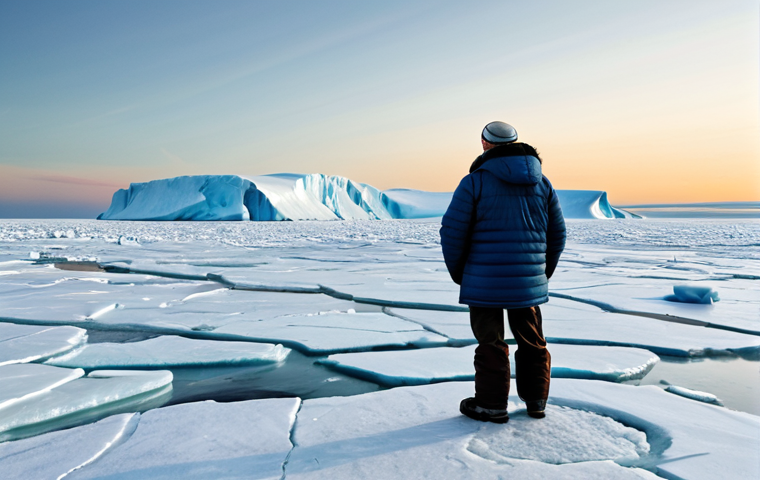 A serene, professional depiction of the Canadian Arctic. The foreground features a fully clothed indigenous elder, wearing modest, traditional winter attire, observing a vast, melting glacial landscape at sunset. Ice floes are breaking apart in the distance, and the subtle outline of a polar bear is visible on a remaining ice sheet, conveying environmental change. The scene emphasizes the vastness and vulnerability of the Arctic. Perfect anatomy, correct proportions, natural pose, well-formed hands, proper finger count, natural body proportions. Professional photography, high-resolution, safe for work, appropriate content, fully clothed, family-friendly.
